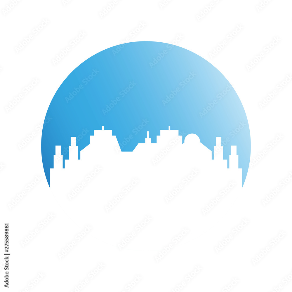 city tower building in blue circle button