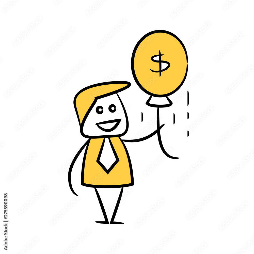 doodle stick figure businessman holding money balloon