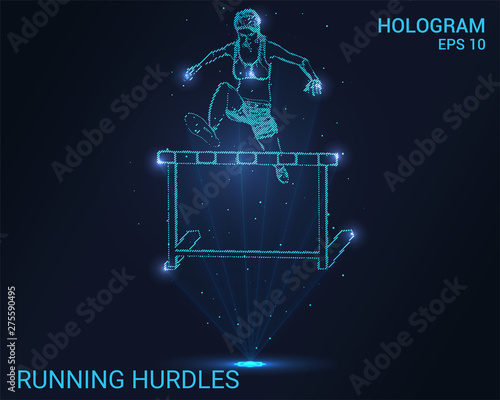 Hologram hurdles run. The girl jumps over the barrier. Flickering energy flux of particles. Scientific sports design.