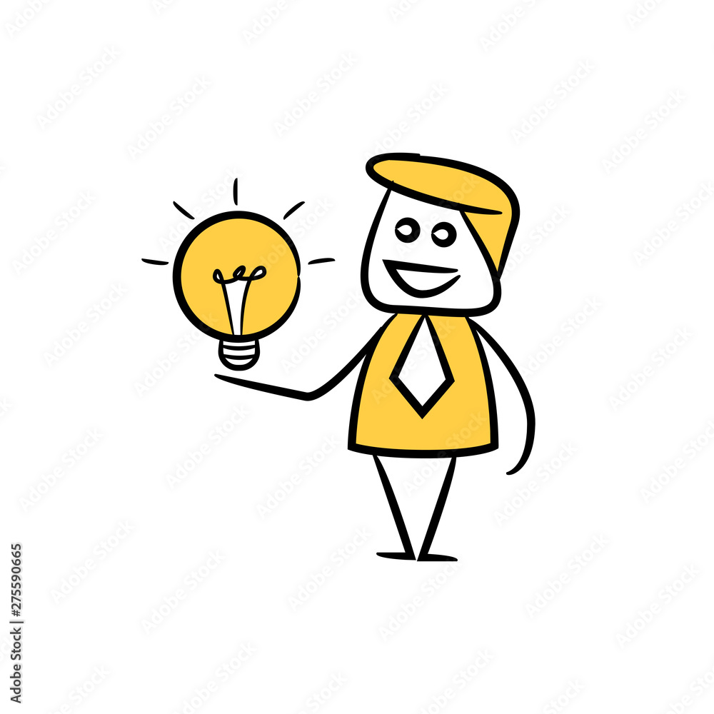 doodle stick figure businessman holding light bulb for creativity concept