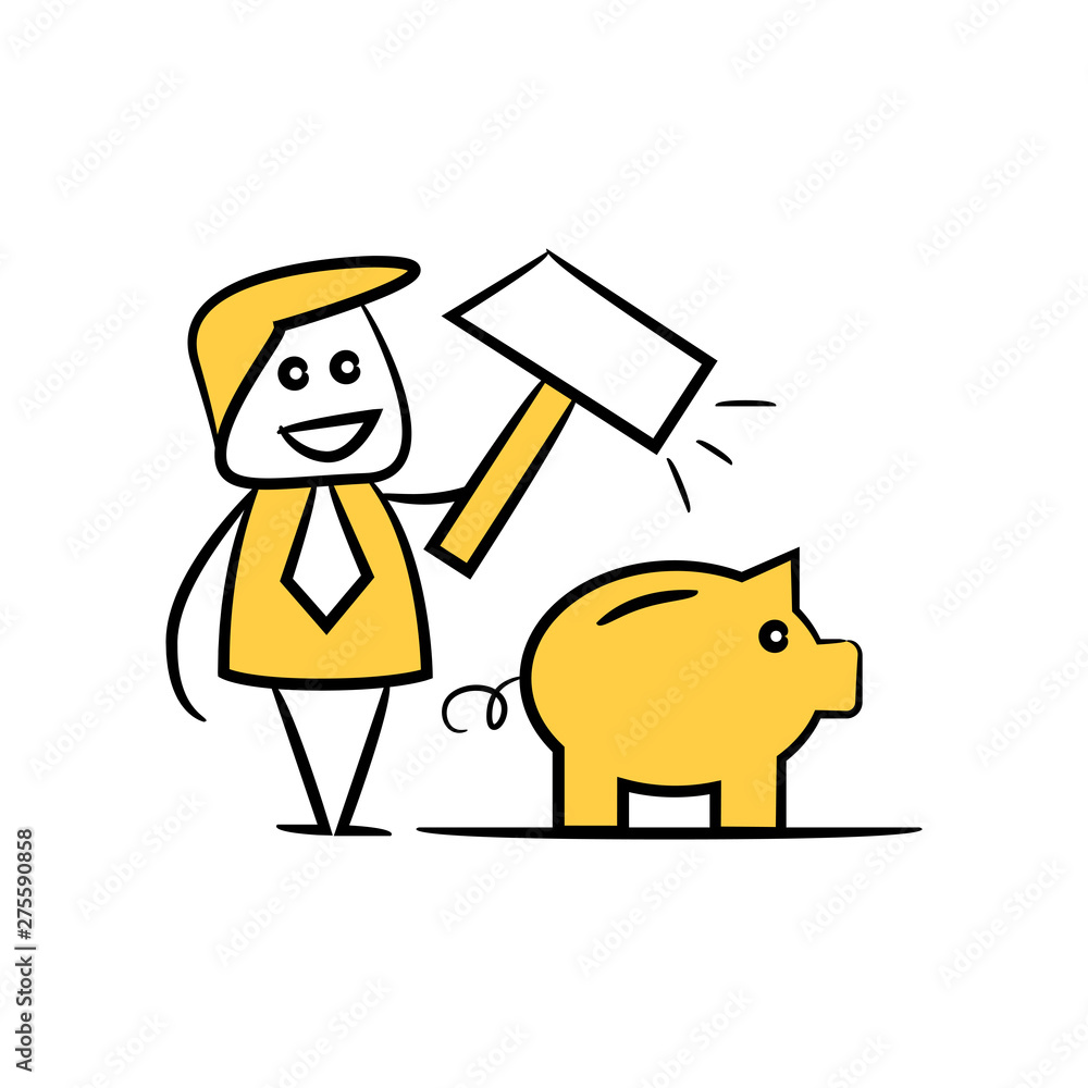 doodle stick figure businessman using hammer breaking piggy bank