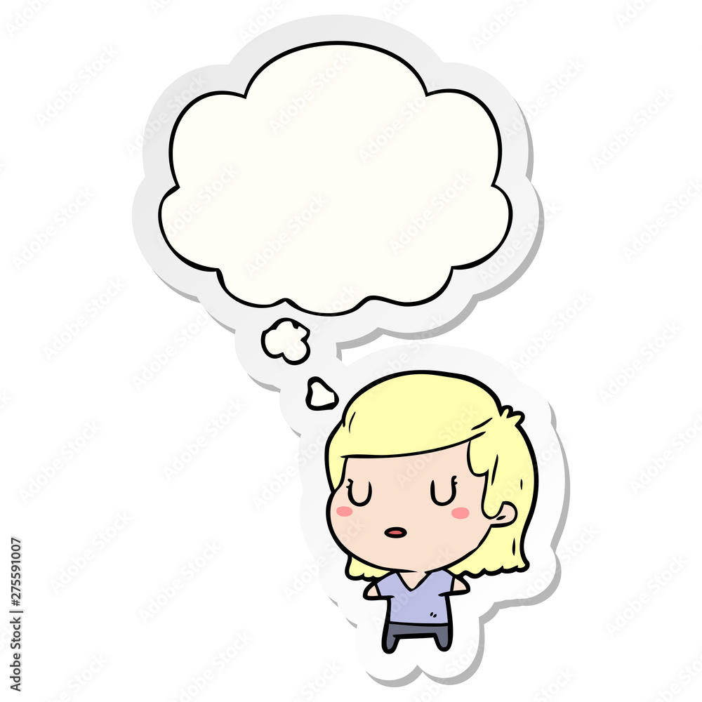 cartoon woman and thought bubble as a printed sticker cartoon woman and thought bubble as a printed sticker