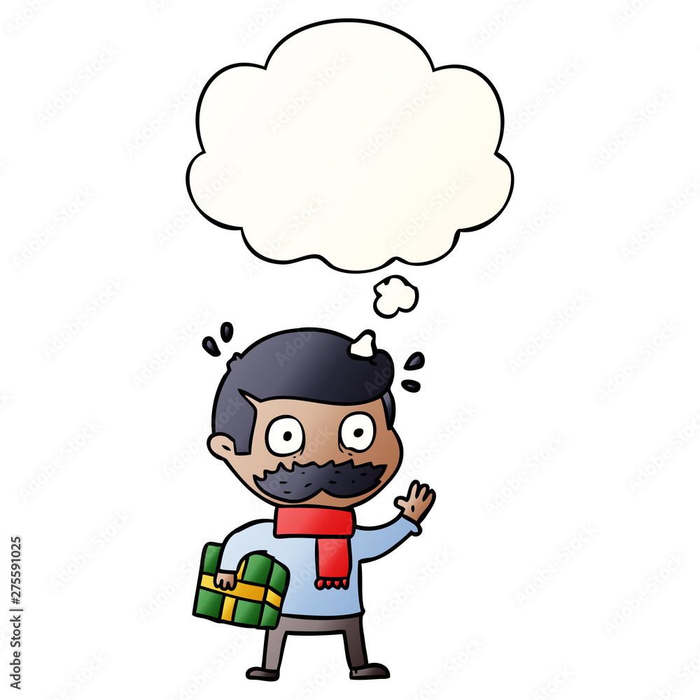cartoon man with mustache and christmas present and thought bubble in smooth gradient style cartoon man with mustache and christmas present and thought bubble in smooth gradient style