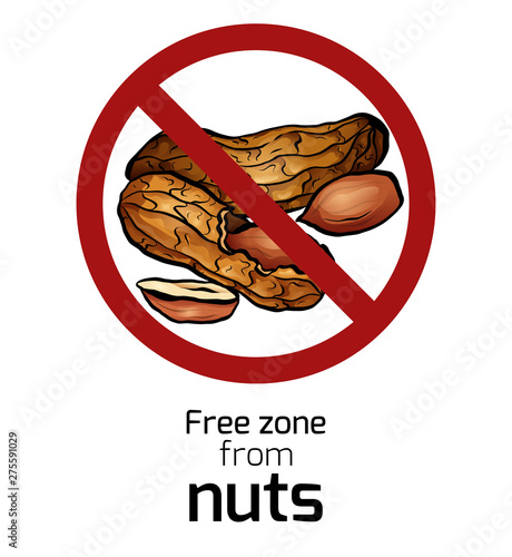 Cartoon peanut in the prohibition sign. Free zone from nuts. Ban on allergens. Allergy Alert. Badges with forbiddance. Vector element for recipes, menus, stickers and your design.