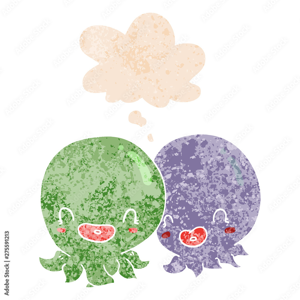 two cartoon octopi  and thought bubble in retro textured style