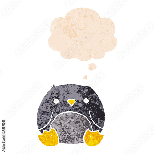 cartoon penguin and thought bubble in retro textured style