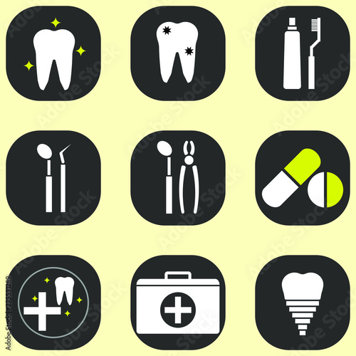 Dental equipment icons, and the appearance of good teeth with tooth decay