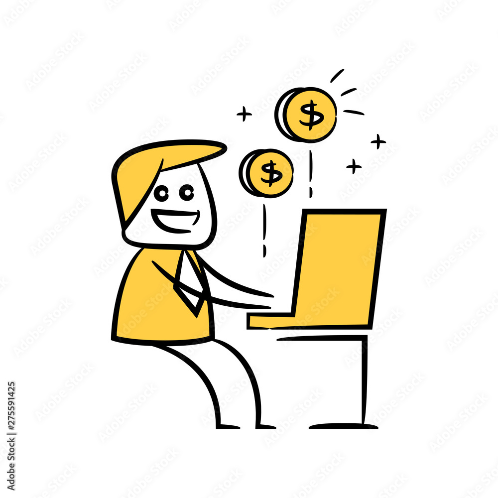 doodle businessman working on computer for make money online concept doodle businessman working on computer for make money online concept