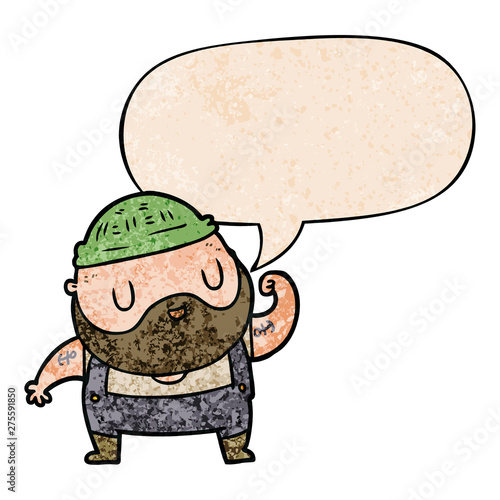 cartoon tough fisherman and speech bubble in retro texture style