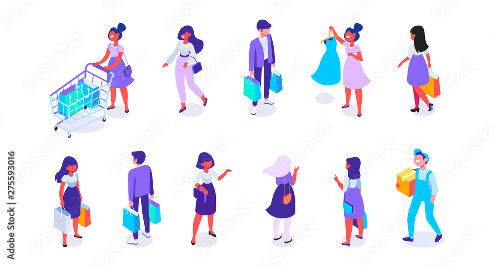 Isometric People vector set. Customers, buyers with shopping bags and shopping cart. Online shopping. Supermarket. Flat vector characters isolated on white