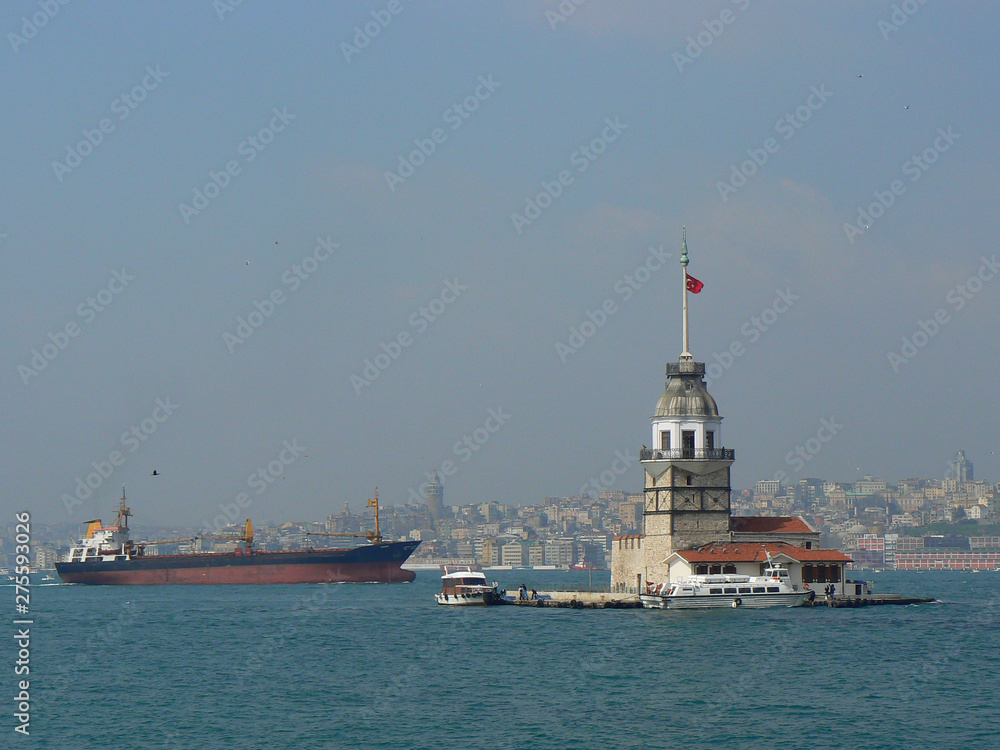 maiden tower in istanbul and tanker on the bosphorus