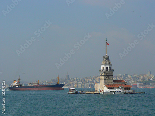Photography maiden tower in istanbul and tanker on the bosphorus