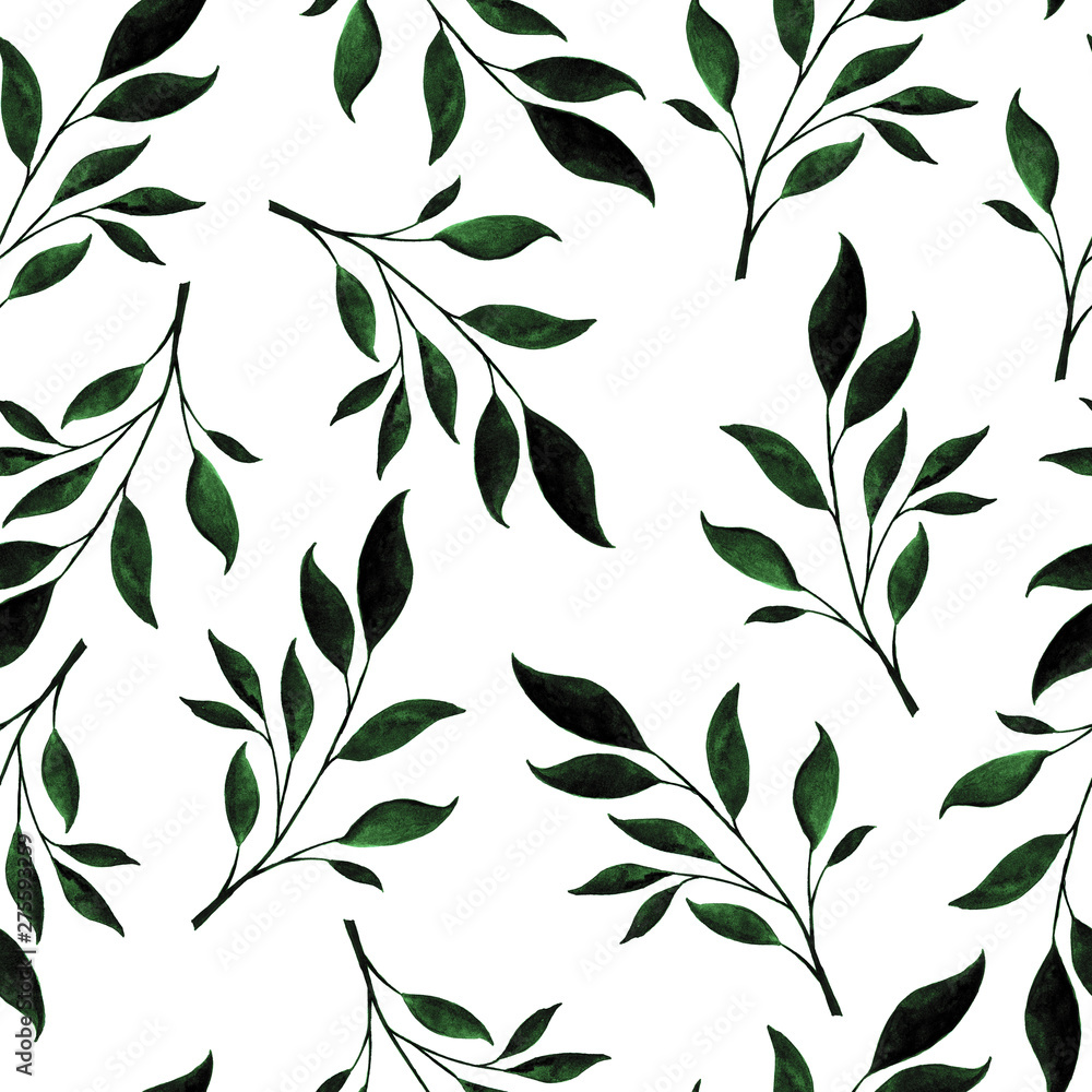 Watercolor seamless pattern of plant twigs.
