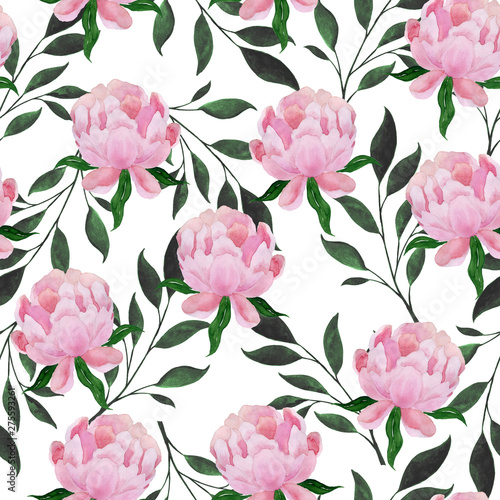 Watercolor seamless pattern of peonies and plant branches.