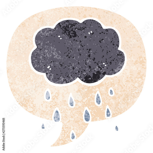 cartoon cloud raining and speech bubble in retro textured style