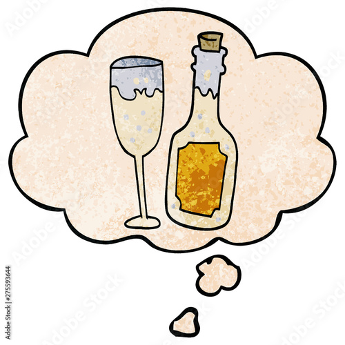 cartoon champagne bottle and glass and thought bubble in grunge texture pattern style