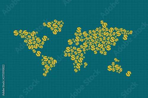 Global business economic development, a world map of the dollar