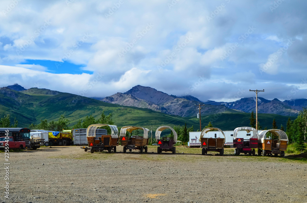 Wells Fargo horse wagons with mountains in the background and cloudy sky above. Healy, Alaska, United States