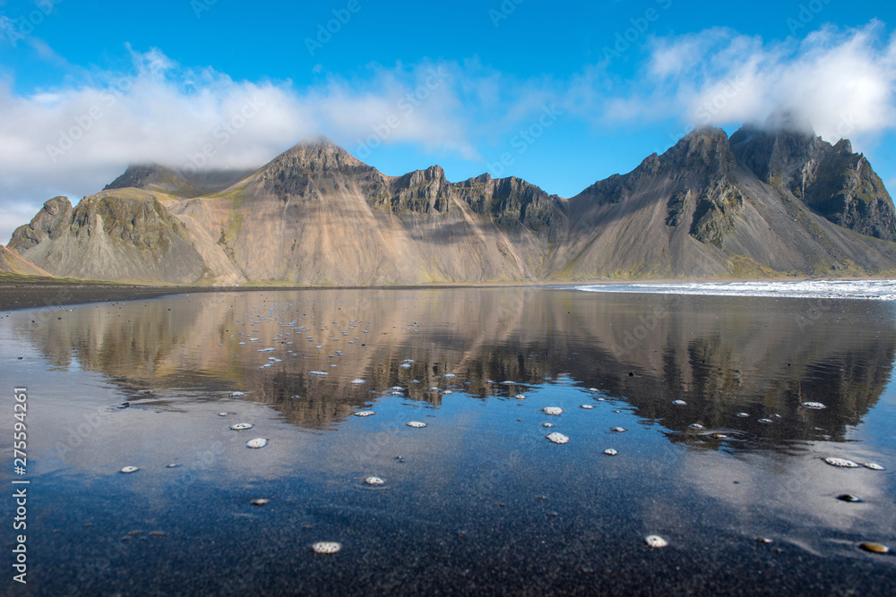 Reflection of Vestrahorn mountain in Stokksnes, Iceland