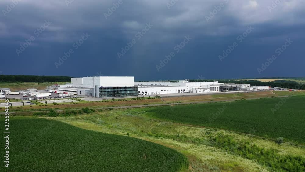 Industry Building Aerial. Modern Factory Exterior. Industry Building Aerial. Modern Factory Exterior.