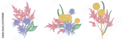 Flower bouquet of pastel astilbe, craspedia, blue eryngo