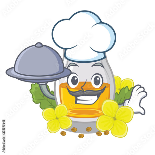 Chef with food mustard oil wrapped in mascot box