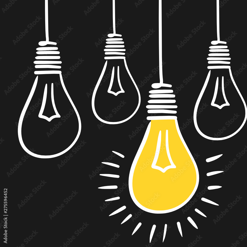 Vector hand drawn illustration of four light bulbs on black background, representing the creative and ingenious mind