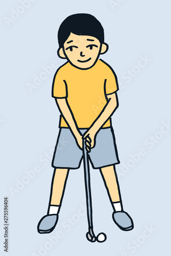Vector hand drawn style illustration of a little kid playing minigolf isolated on white background