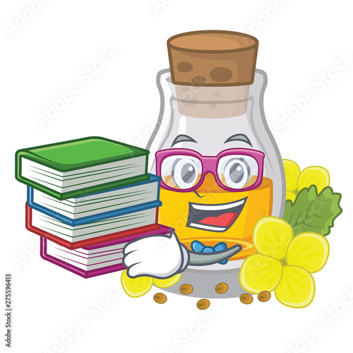 Student with book mustard oil in the cartoon shape