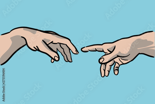 Cartoon style vector illustration of the creation of Adam by Michelangelo Buonarroti - hands detail