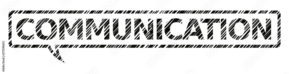 Hand drawn vector doodle writing illustration of the word communication inside a speech balloon isolated on white background