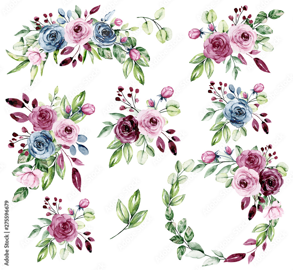 Fototapeta Watercolor floral set with bouquets flowers. Pink, blue and purple roses hand drawing. Isolated on white. Perfectly for print design greeting card, banner, wedding decoration, poster, invitation.