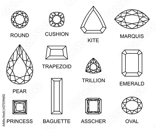 High quality vector illustration of different diamonds shapes and cut with descriptions isolated on white background