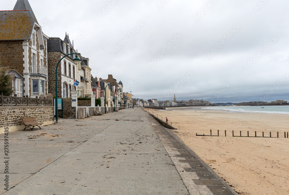  Front view of traditional granite houses along the promenade in Saint-Malo