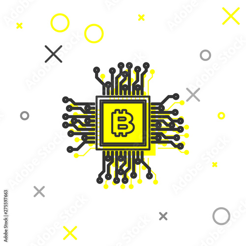 Grey CPU mining farm line icon isolated on white background. Bitcoin sign inside processor. Cryptocurrency mining community. Digital money. Vector Illustration