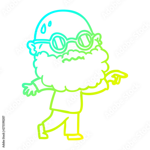 cold gradient line drawing cartoon worried man with beard and spectacles pointing finger