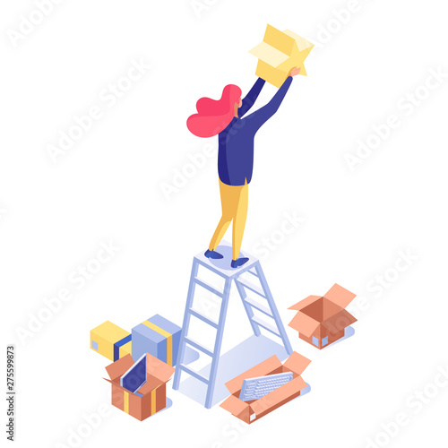 Woman holding rating star isometric illustration. Female shop assistant, seller standing on ladder and decorating store vector 3d character. Commerce and trade industry, marketing isolated clipart