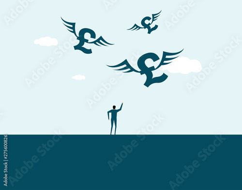 Business people and flying pound symbols, goals and wishes