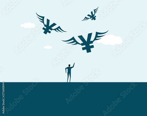 Business people and flying renminbi symbols, goals and wishes