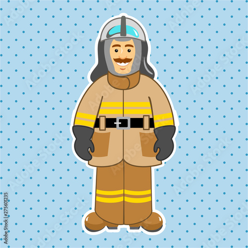 Character for training: firefighter, fireman. Man in firefighter uniform Educational game for children. Cartoon vector illustration