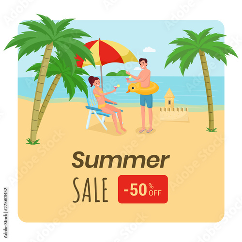 Travel agency discount offer poster. Happy family, couple on honeymoon trip enjoying exotic nature, drinking cocktails. Seaside resort 50 percent lower price advert for social media post