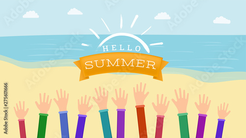 Welcoming summertime flat vector banner. Raised hands with greeting warm season gesture. Hello summer inscription on golden ribbon with white brush stroke sun symbol, children camp logo