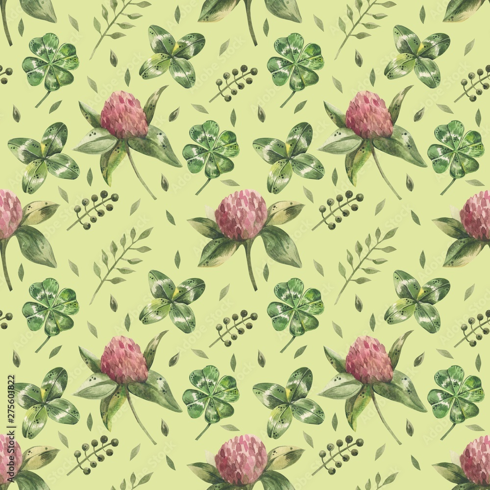 Beautiful seamless background with flowers and clover leaves using ladybugs and field herbs. Good luck symbols. Can be used as a background template for Wallpaper, printing on fabrics, etc.