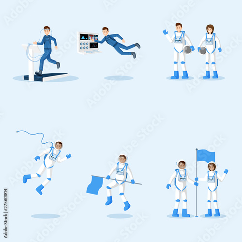 Astronauts in spacesuits flat illustrations set. Male and female cosmonauts training, space mission isolated cliparts pack. Universe explorers floating in zero gravity vector characters