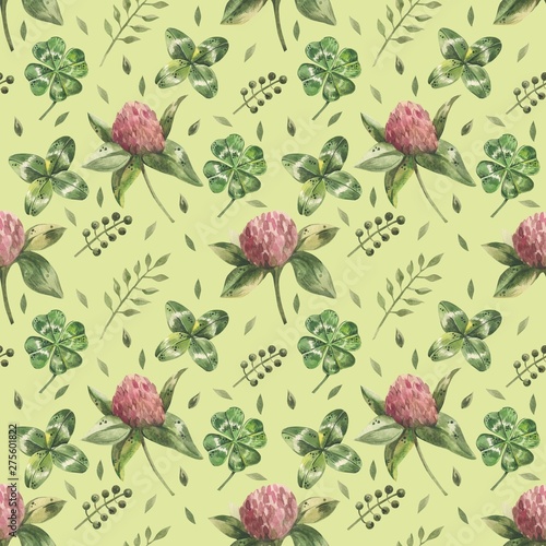 Beautiful seamless background with flowers and clover leaves using ladybugs and field herbs. Good luck symbols. Can be used as a background template for Wallpaper  printing on fabrics  etc.