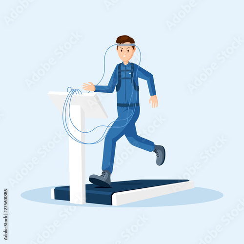 Astronaut physical test flat vector illustration. Spaceman, cosmonaut space station training, using treadmill exercise machine character. Space mission preparing isolated clipart