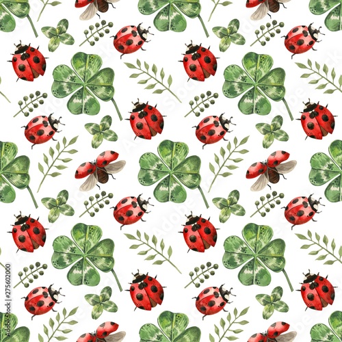Beautiful seamless background with flowers and clover leaves using ladybugs and field herbs. Good luck symbols. Can be used as a background template for Wallpaper, printing on fabrics, etc.