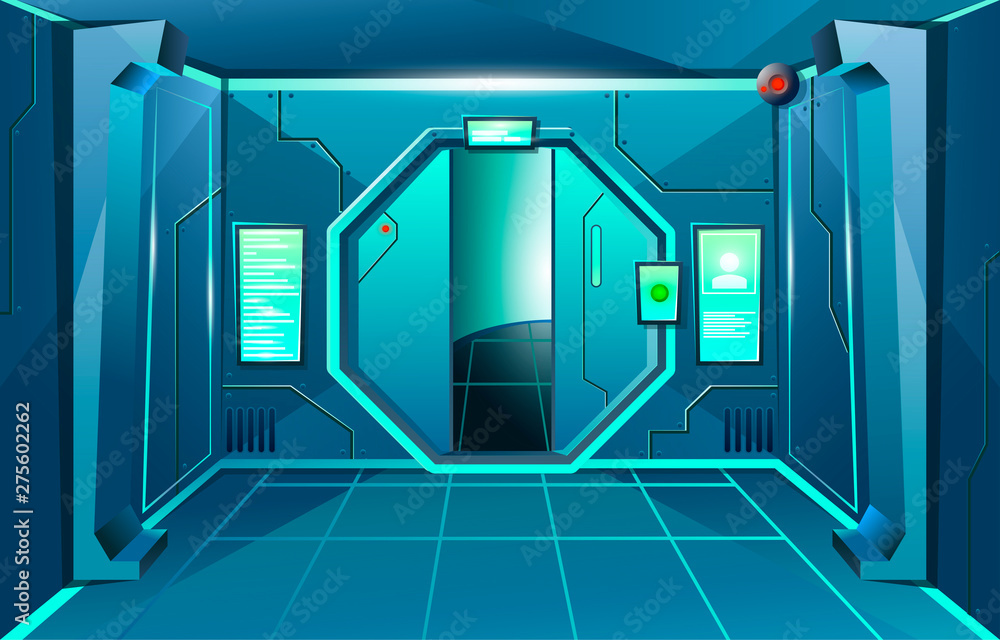 Hallway in spaceship with open door and camera . Futuristic interior room. Background for games and mobile applications. Vector cartoon background