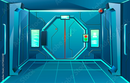 Hallway in spaceship with closed door and camera . Futuristic interior room. Background for games and mobile applications. Vector cartoon background