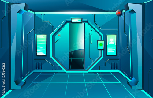 Hallway in spaceship with open door and camera . Futuristic interior room. Background for games and mobile applications. Vector cartoon background